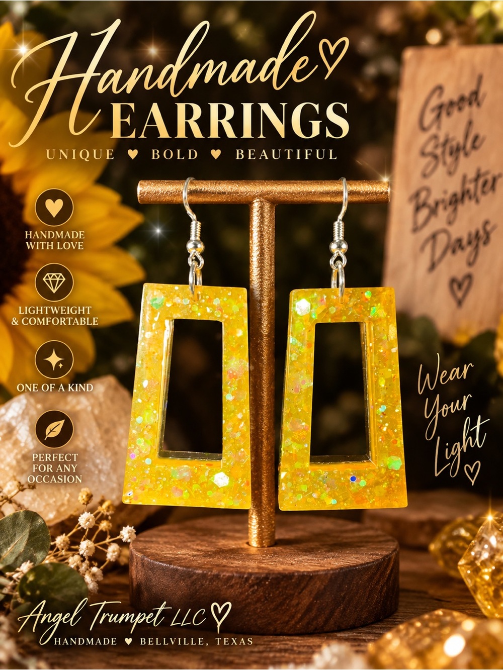 Handmade Golden Yellow Glitter Resin Geometric Dangle Earrings